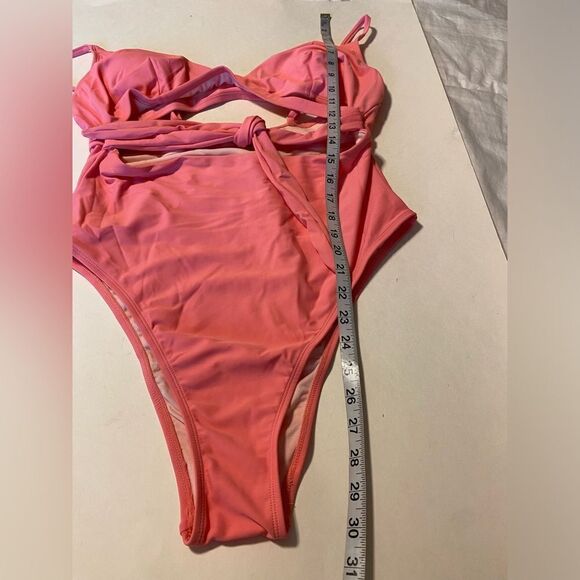 CUPSHE One Piece Swimsuit bathing suit hi rise cheeky hi cut out ties pink XL - Picture 5 of 11